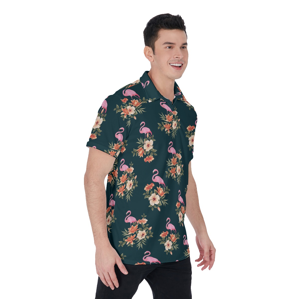 Men's Floral Flamingo Hawaiian Polo Shirt