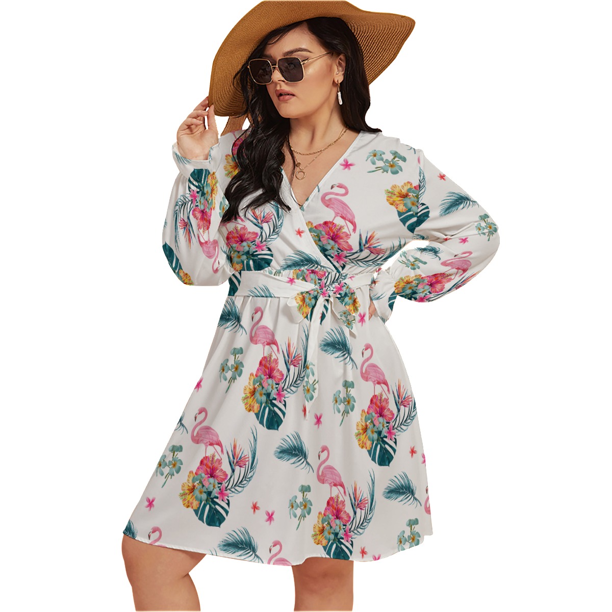 Flamingo Hawaiian Plus Size V-Neck Dress