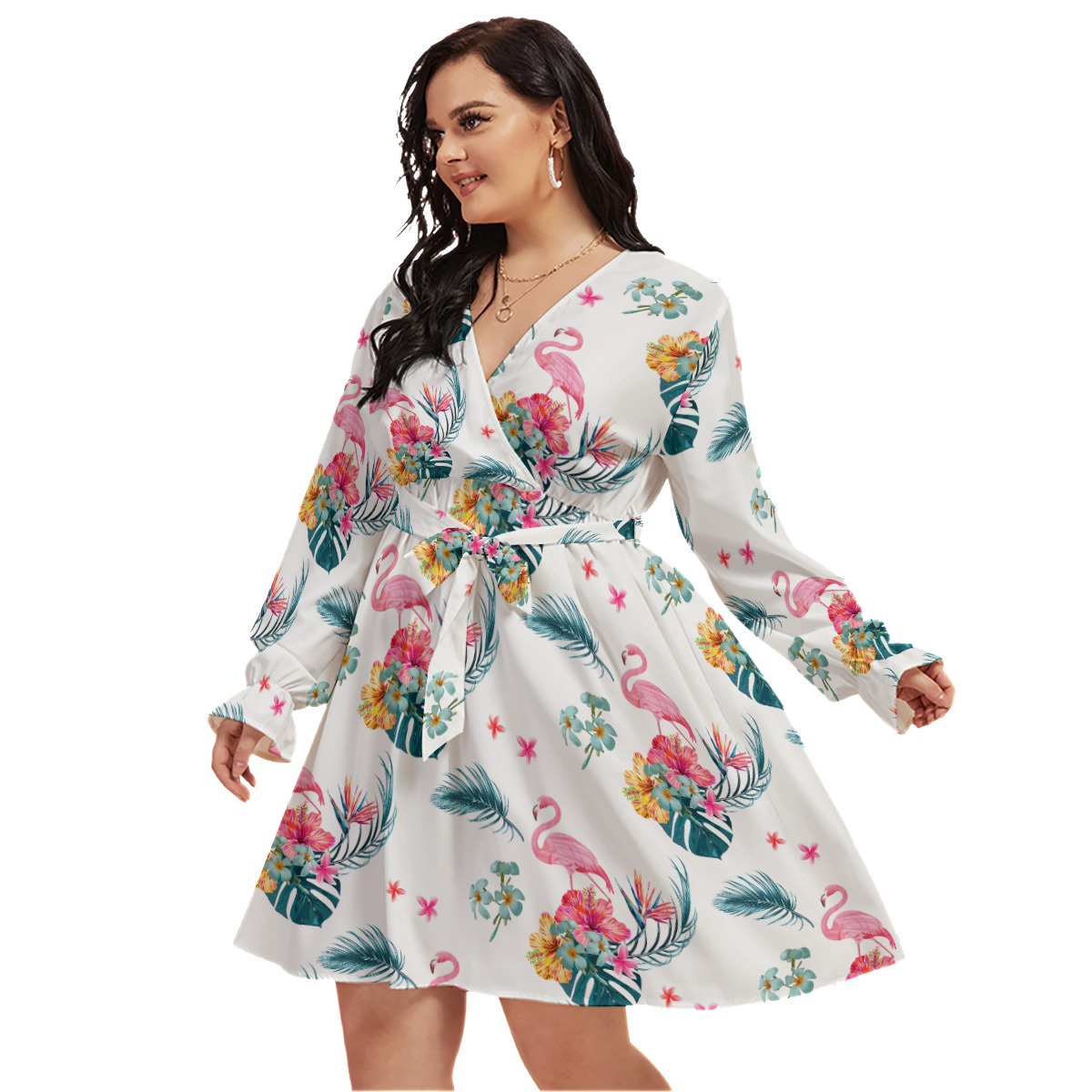 Flamingo Hawaiian Plus Size V-Neck Dress