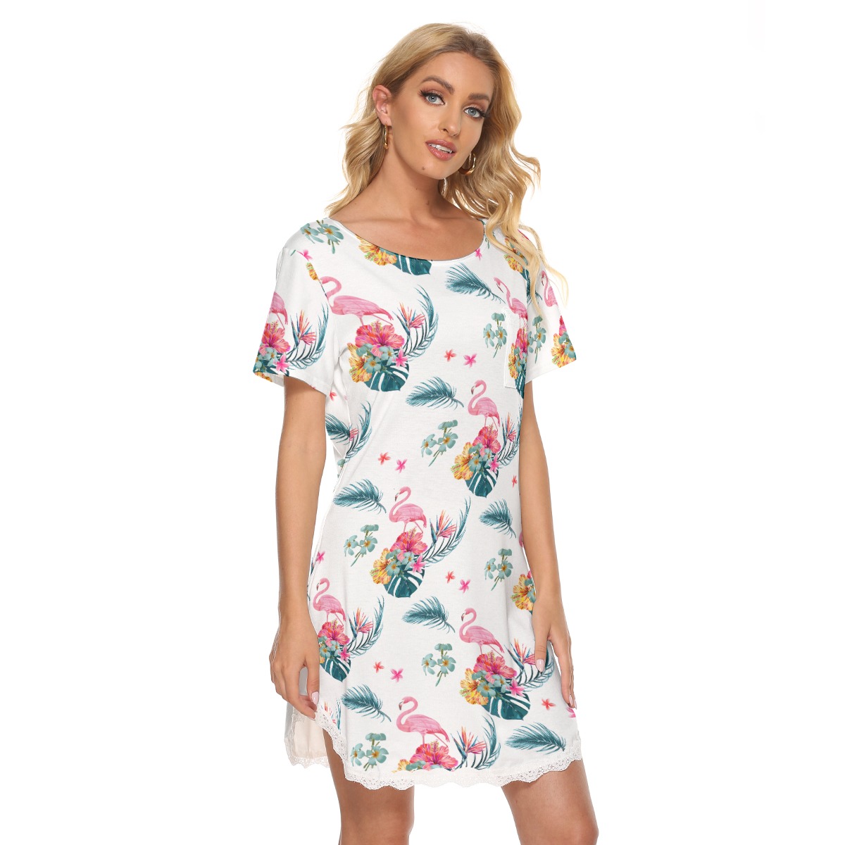 Flamingo Tropical Hawaiian Dress With Lace