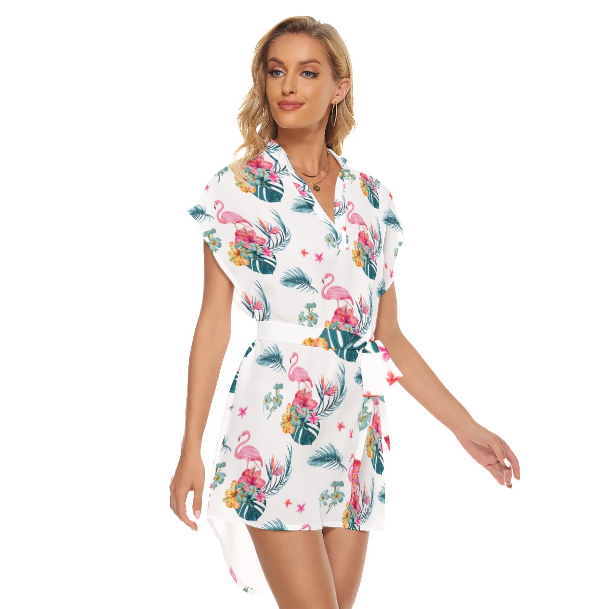 Floral Flamingo Hawaiian Dress With Tie