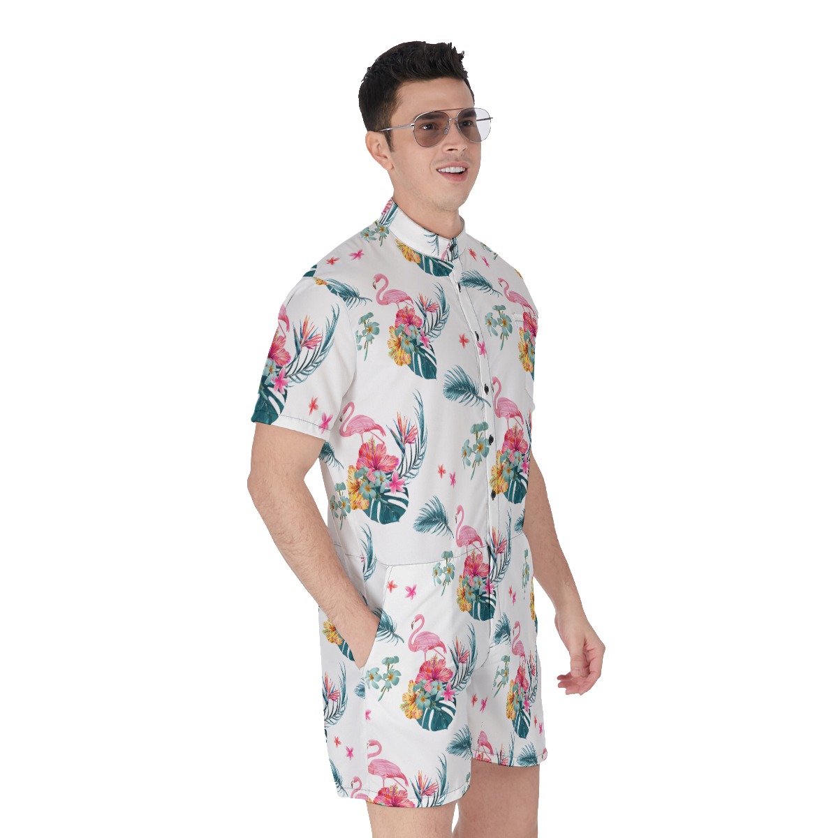 White Flamingo Hawaiian Romper For Men