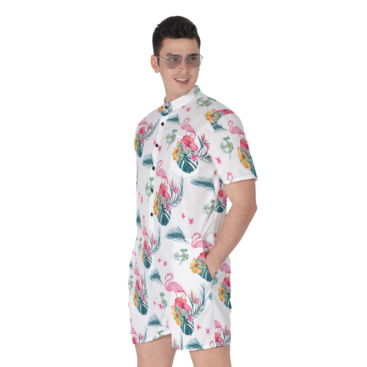 White Flamingo Hawaiian Romper For Men