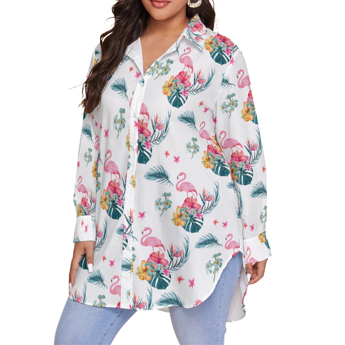 Women's White Flamingo Plus Size Hawaiian Shirt