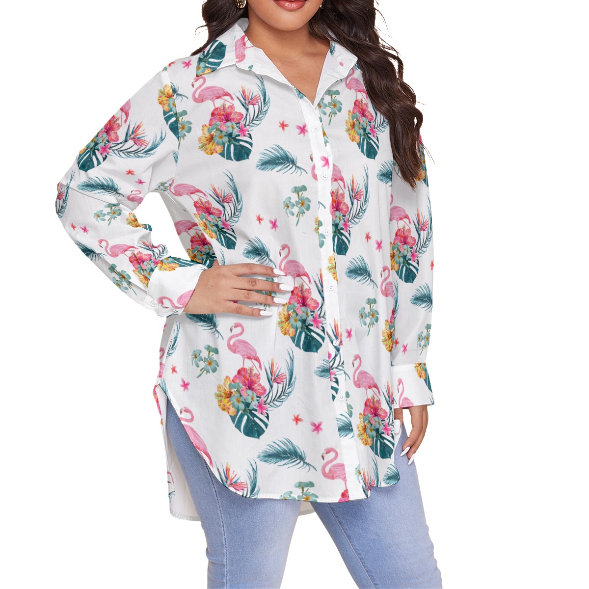 Women's White Flamingo Plus Size Hawaiian Shirt