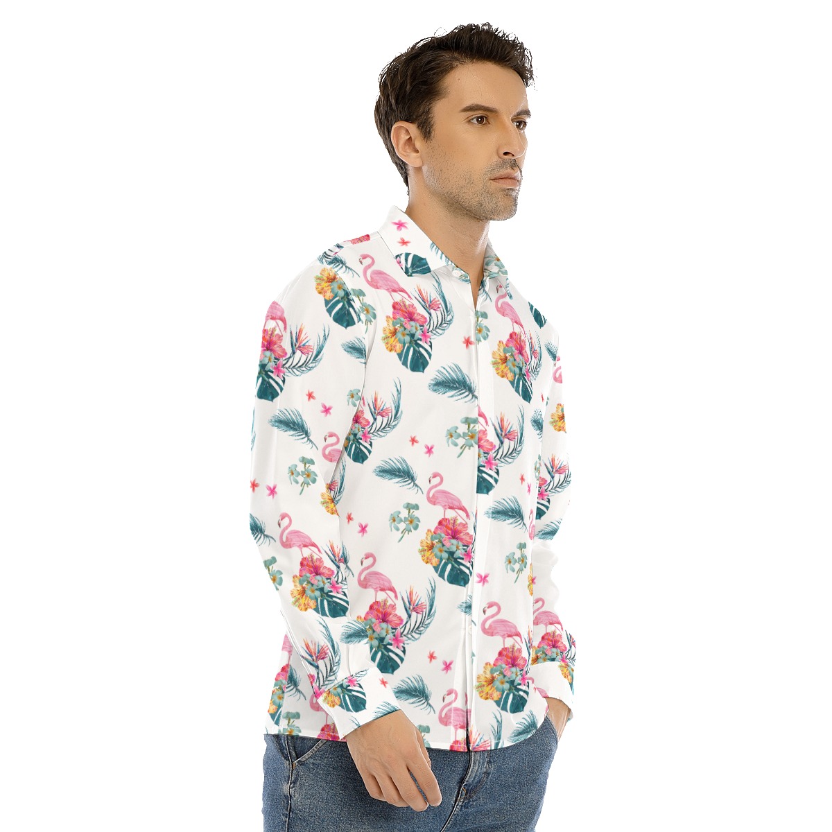 Flamingo White Long Sleeve Hawaiian Shirt For Men