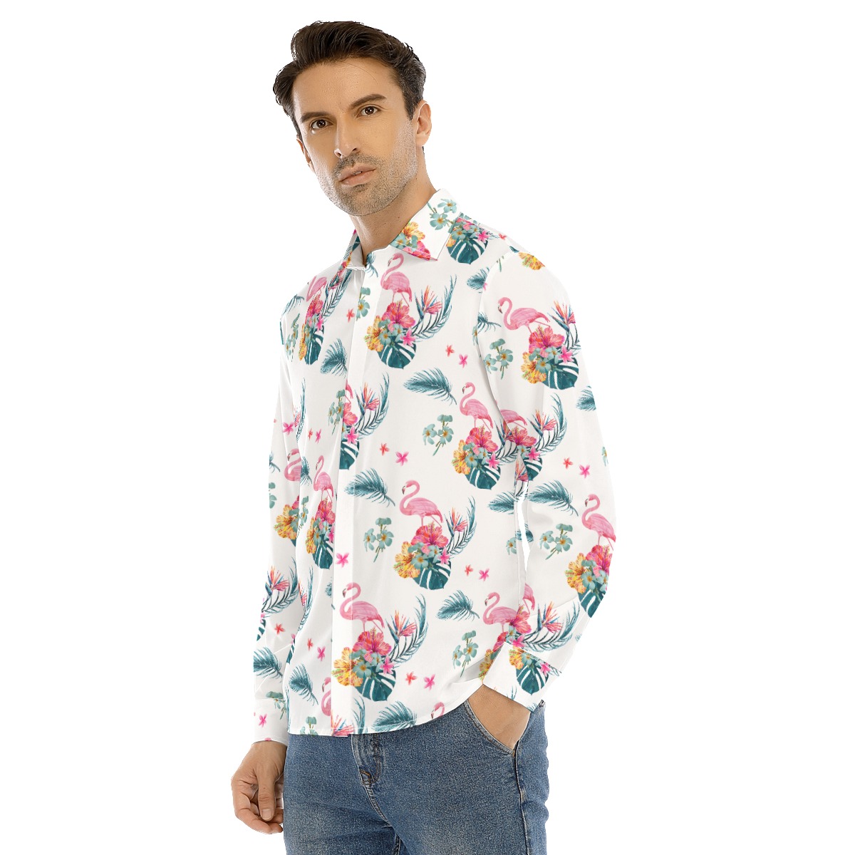 Flamingo White Long Sleeve Hawaiian Shirt For Men
