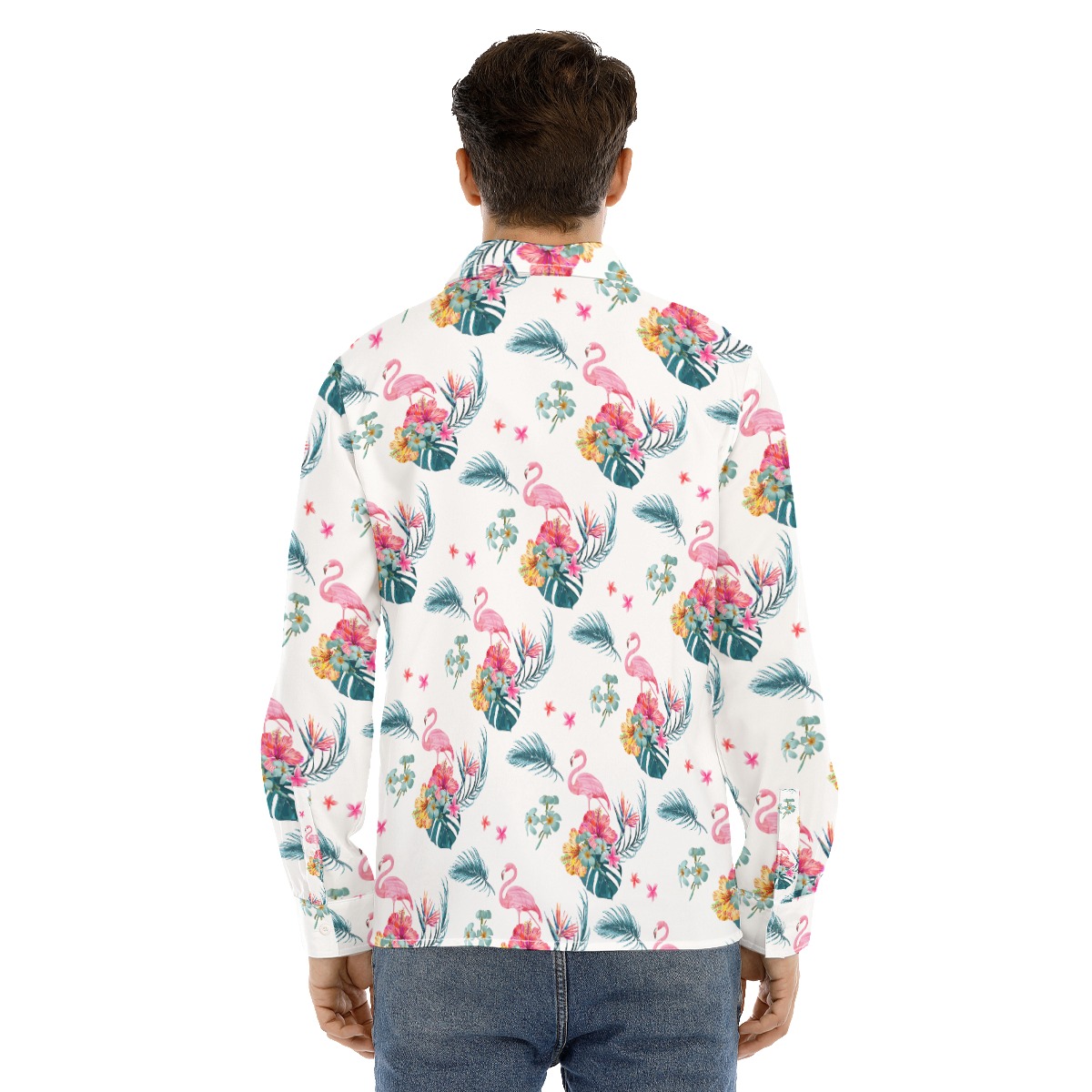 Flamingo White Long Sleeve Hawaiian Shirt For Men