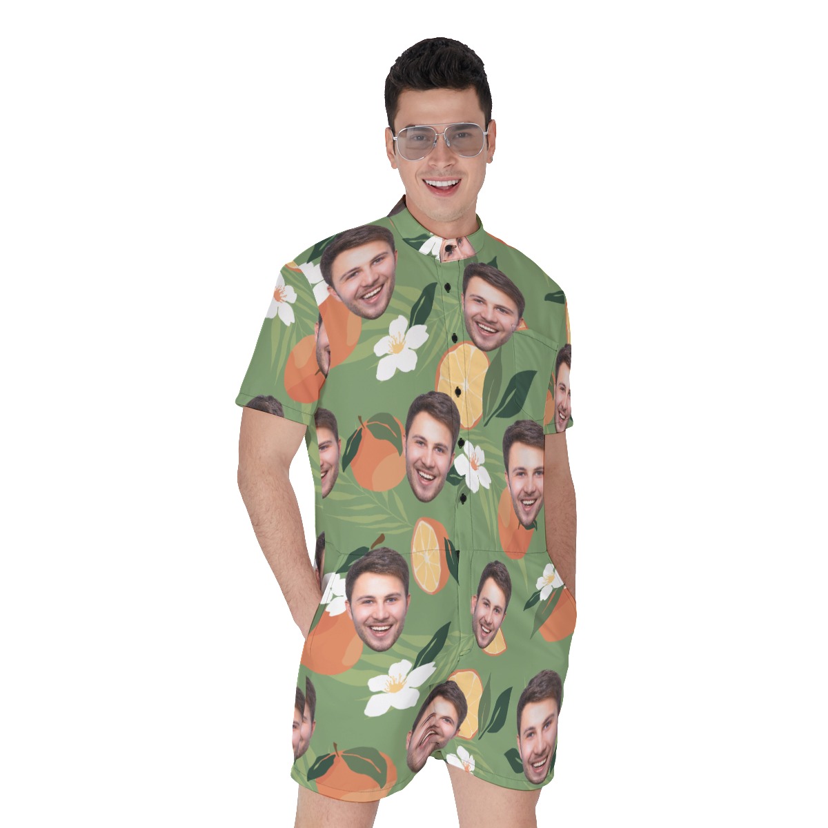 Tropical Orange Custom Face Men's Hawaiian Romper - variant image 1