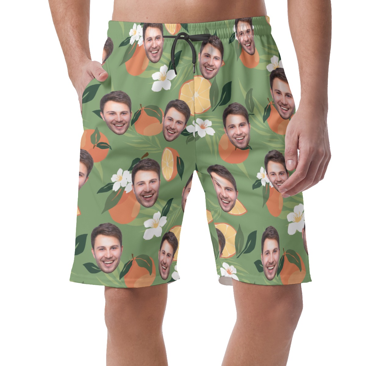 Funny Custom Face Orange Floral Hawaiian Beach Shorts For Men - variant image 1
