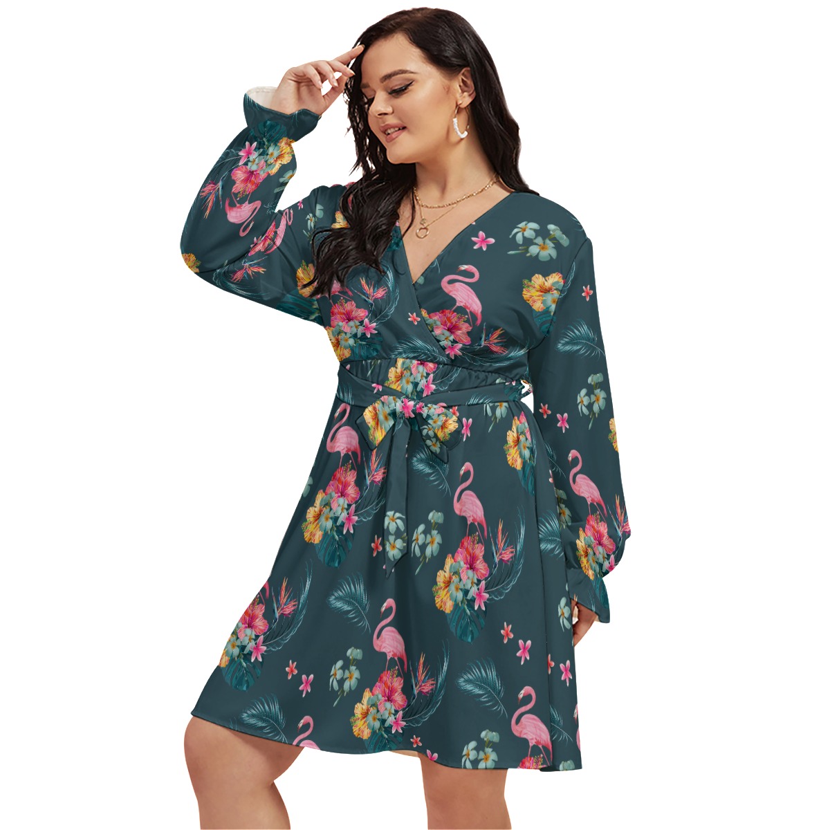 Blue Flamingo Hawaiian Plus Size V-Neck Dress - variant image 1