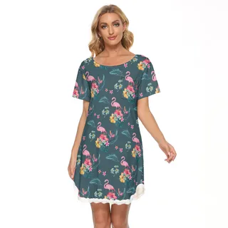 Tropical Flamingo Hawaiian Dress With Lace