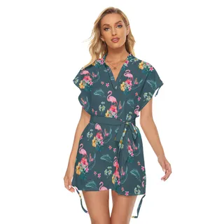 Tropical Flamingo Hawaiian Dress With Tie
