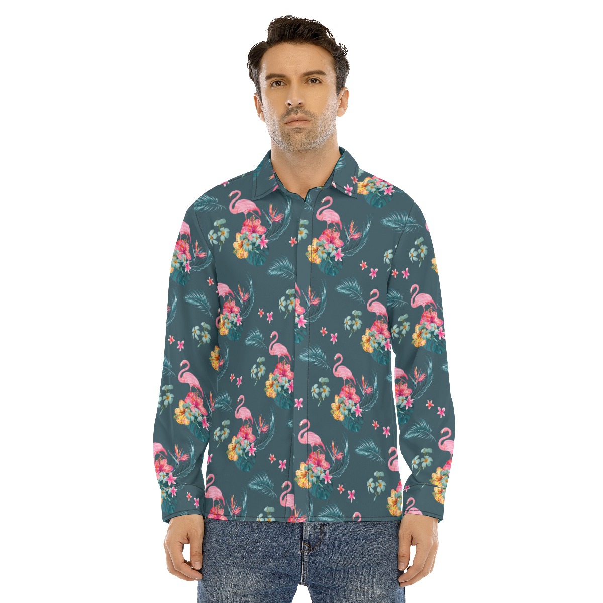 Flamingo Floral Long Sleeve Hawaiian Shirt For Men - variant image 1