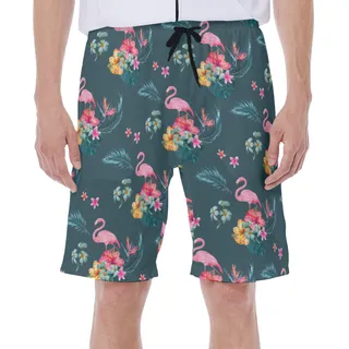 Floral Flamingo Blue Hawaiian Swim Trunks For Men