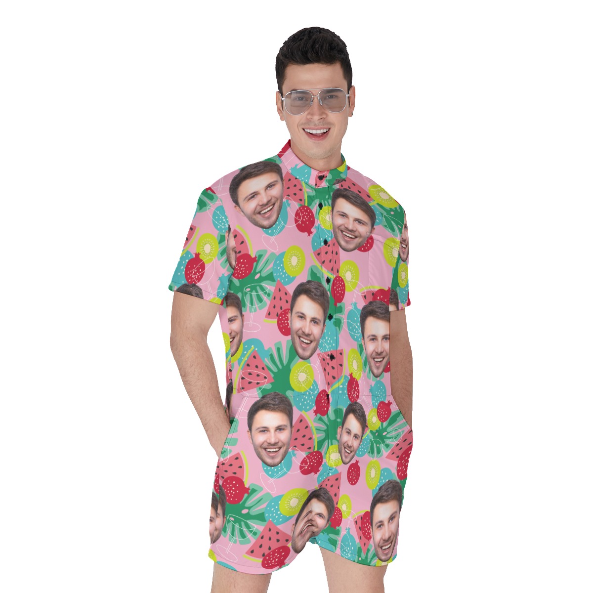 Tropical Fruit Custom Face Men's Hawaiian Romper - variant image 1