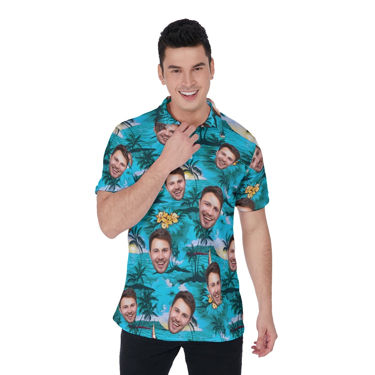 Unique Beach Scenery Men's Polo Shirt With Custom Face - variant image 1