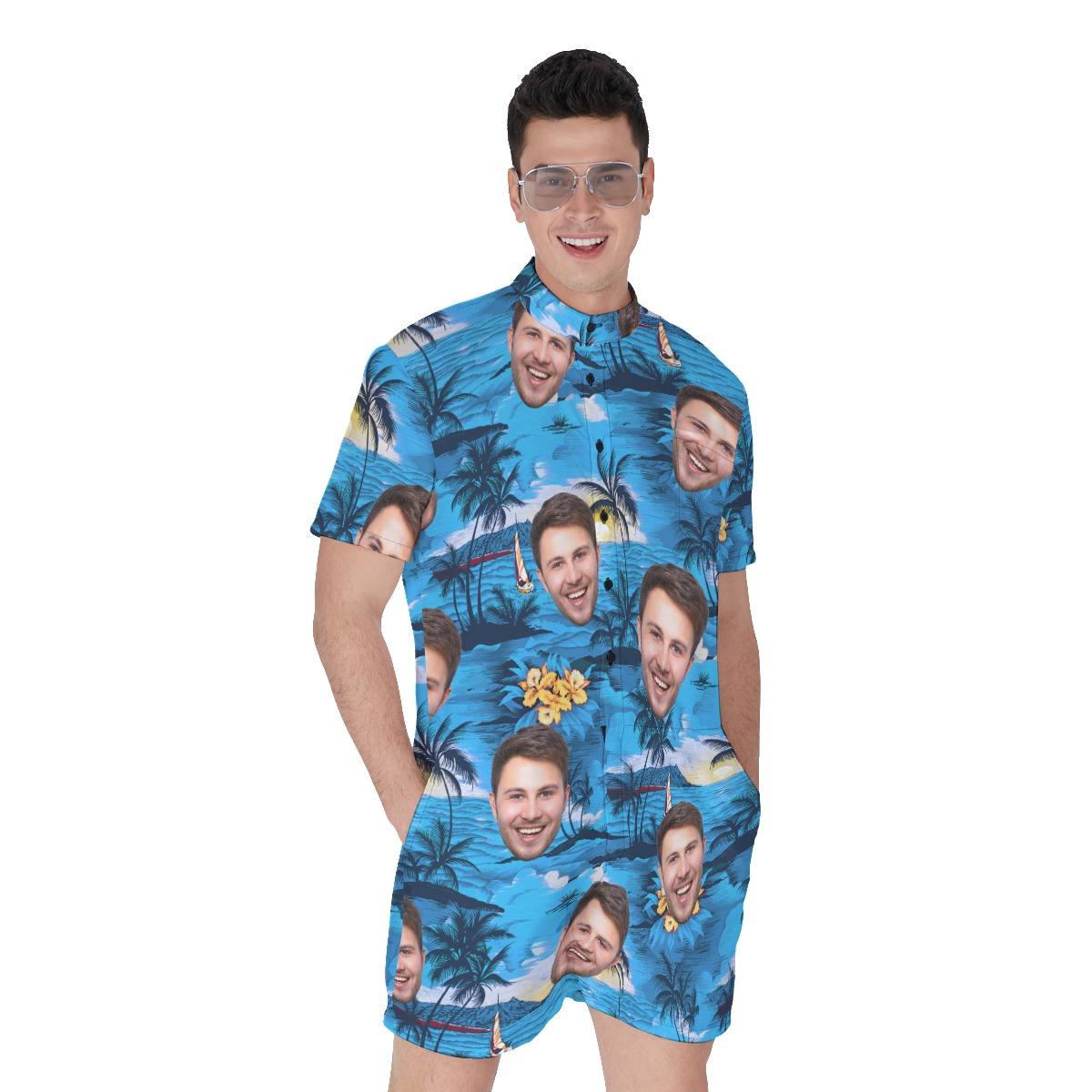 Cool Beach Themed Men's Romper With Multi Face - variant image 1