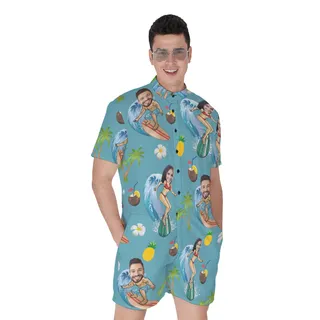 Funny Custom Face Couple Surfing Hawaiiam Romper