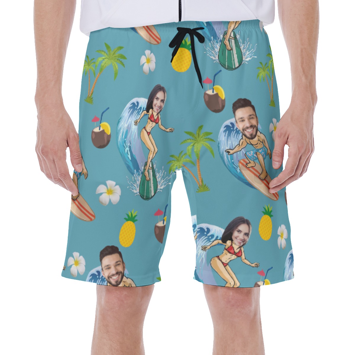 Funny Custom Face Couple Surfing Hawaiian Swim Trunks - variant image 1