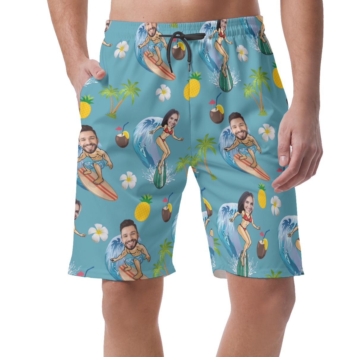 Funny Couple Surfing Custom Face Hawaiian Beach Shorts For Men - variant image 1
