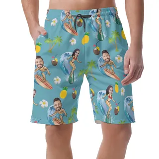 Funny Couple Surfing Custom Face Hawaiian Beach Shorts For Men