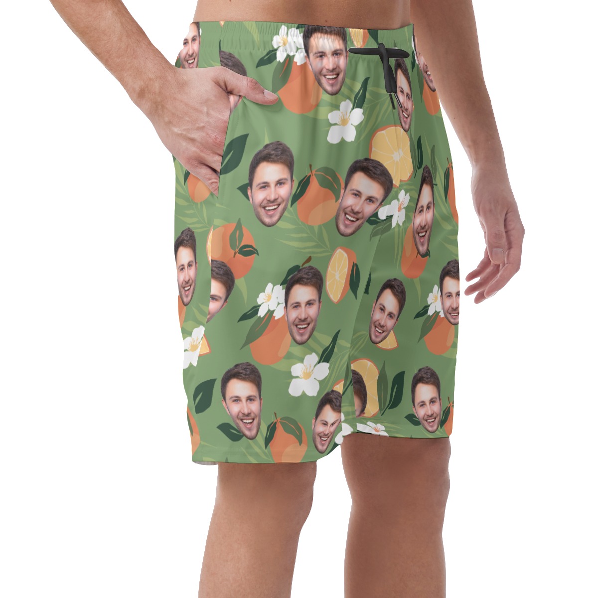Funny Custom Face Orange Floral Hawaiian Beach Shorts For Men