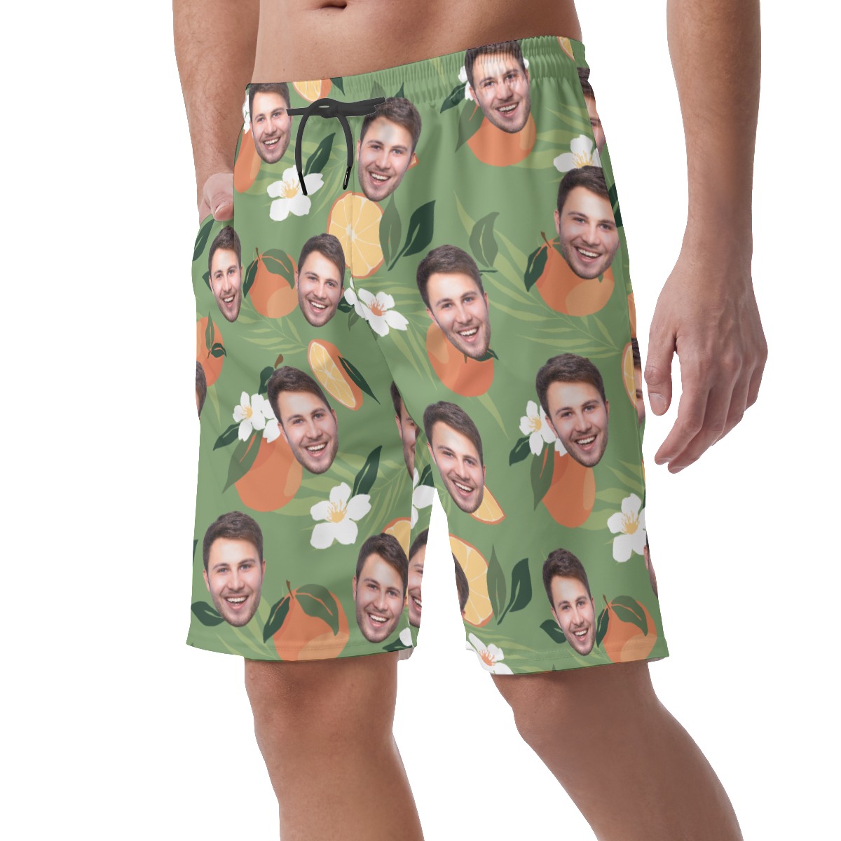 Funny Custom Face Orange Floral Hawaiian Beach Shorts For Men