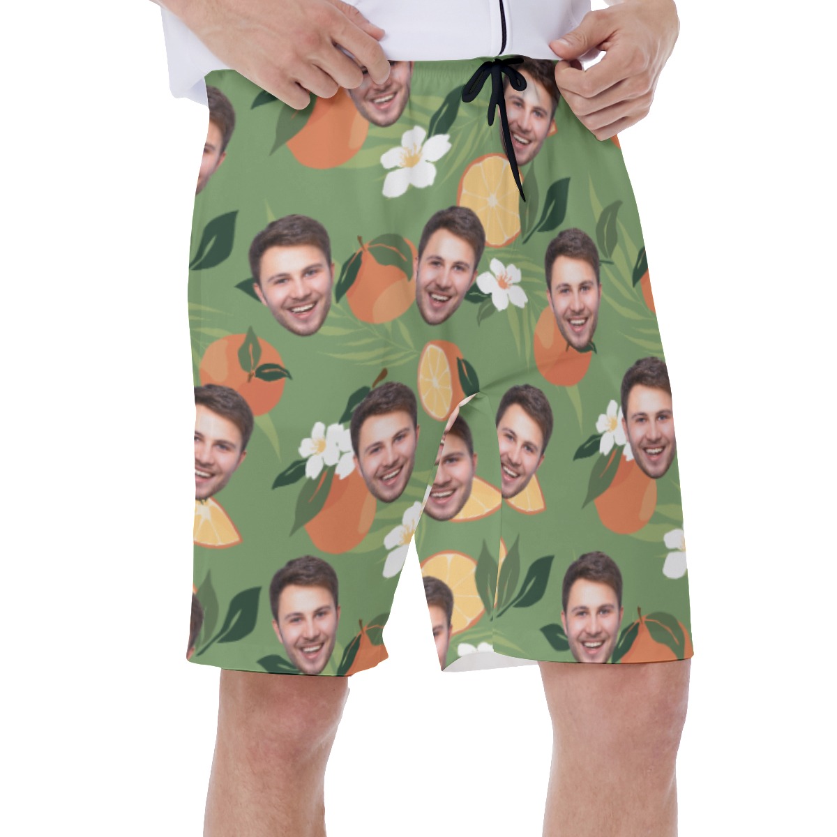 Funny Orange Fruit Custom Face Green Hawaiian Swim Trunks