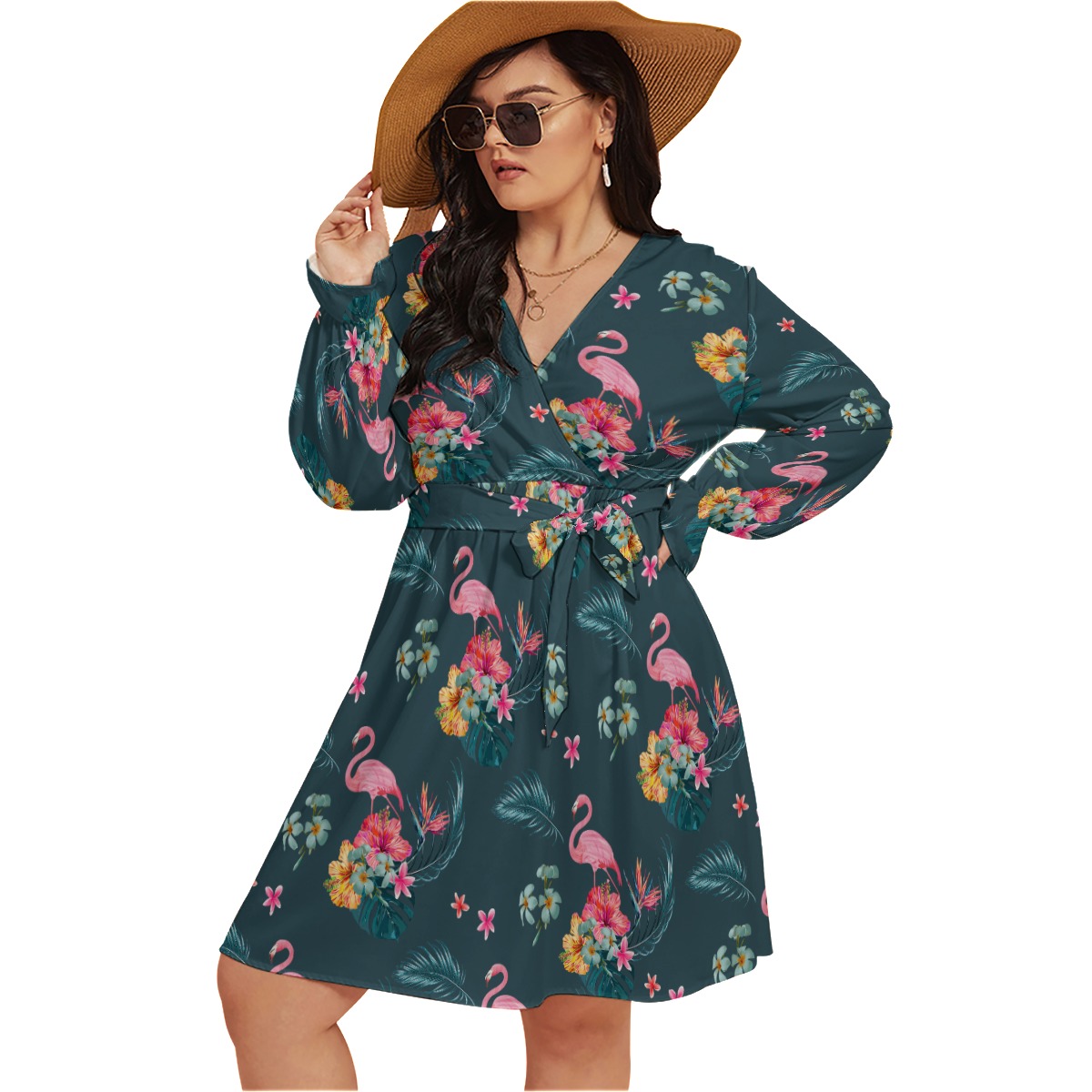 Blue Flamingo Hawaiian Plus Size V-Neck Dress