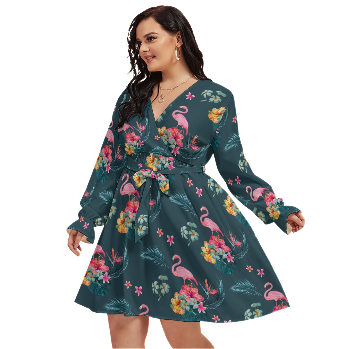 Blue Flamingo Hawaiian Plus Size V-Neck Dress
