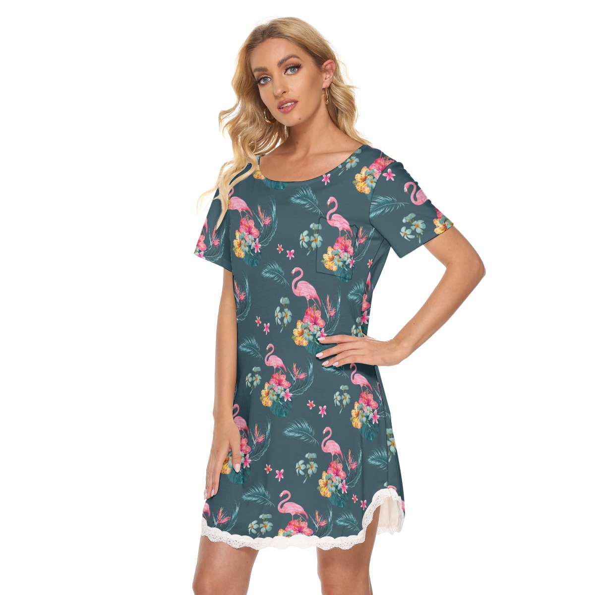 Tropical Flamingo Hawaiian Dress With Lace