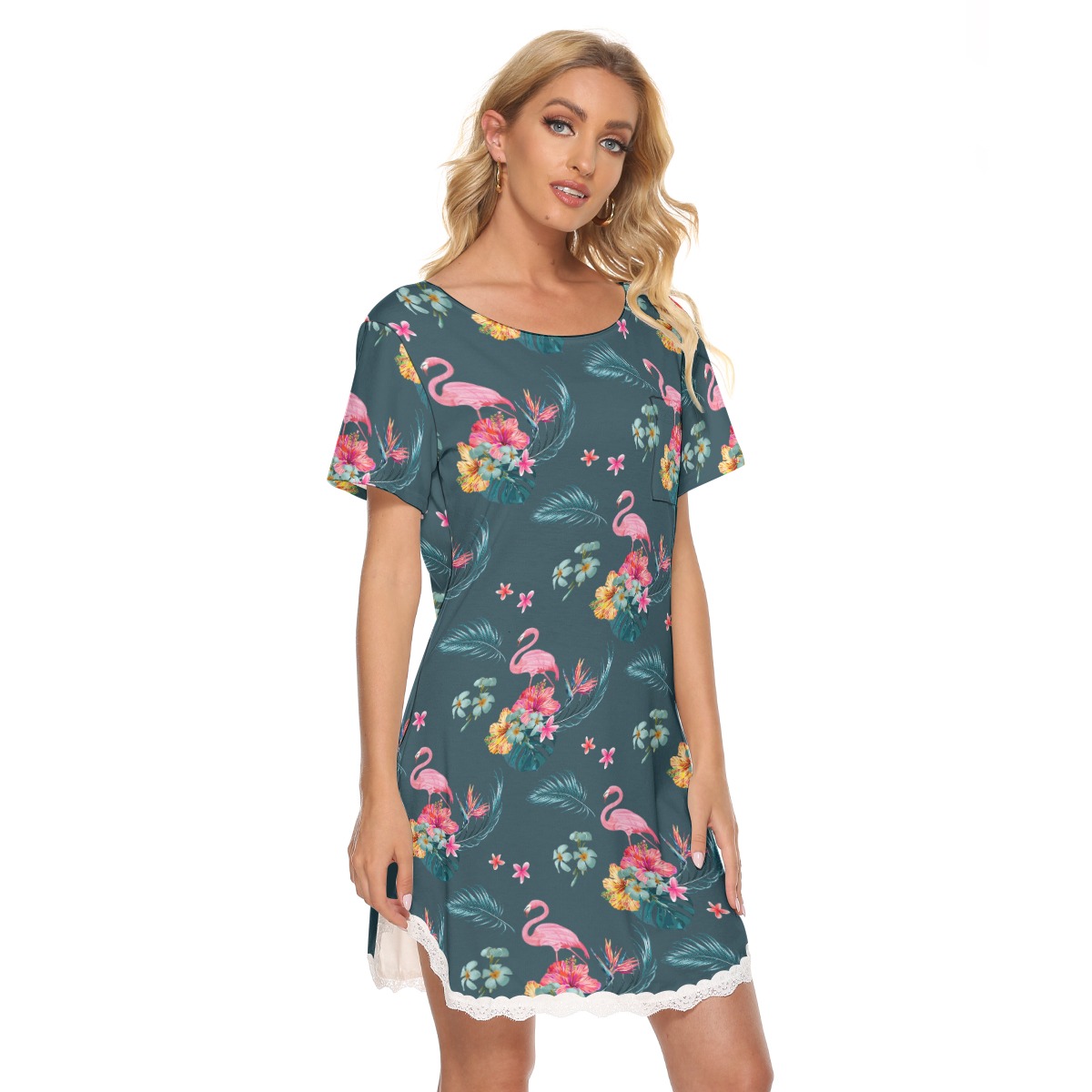 Tropical Flamingo Hawaiian Dress With Lace