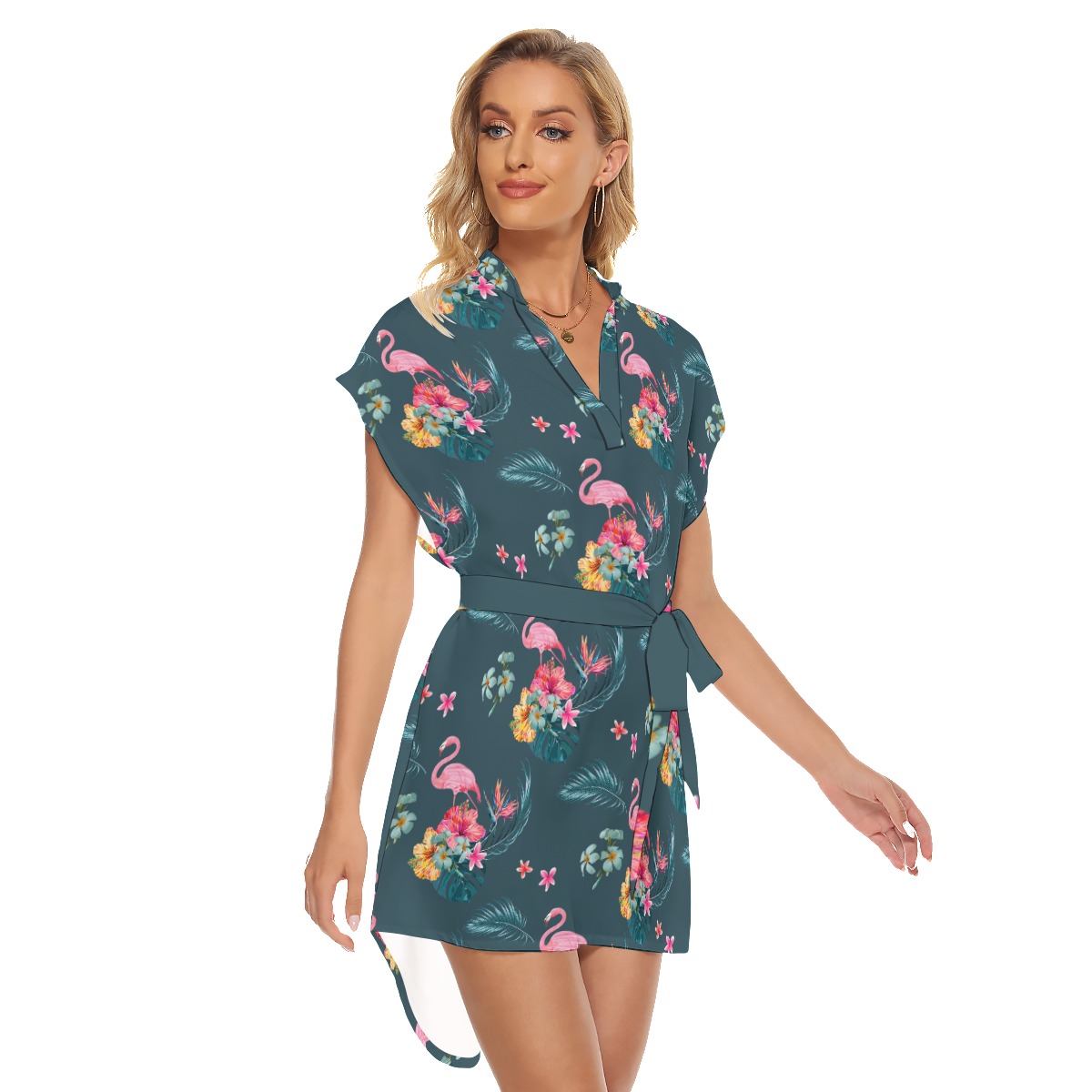 Tropical Flamingo Hawaiian Dress With Tie