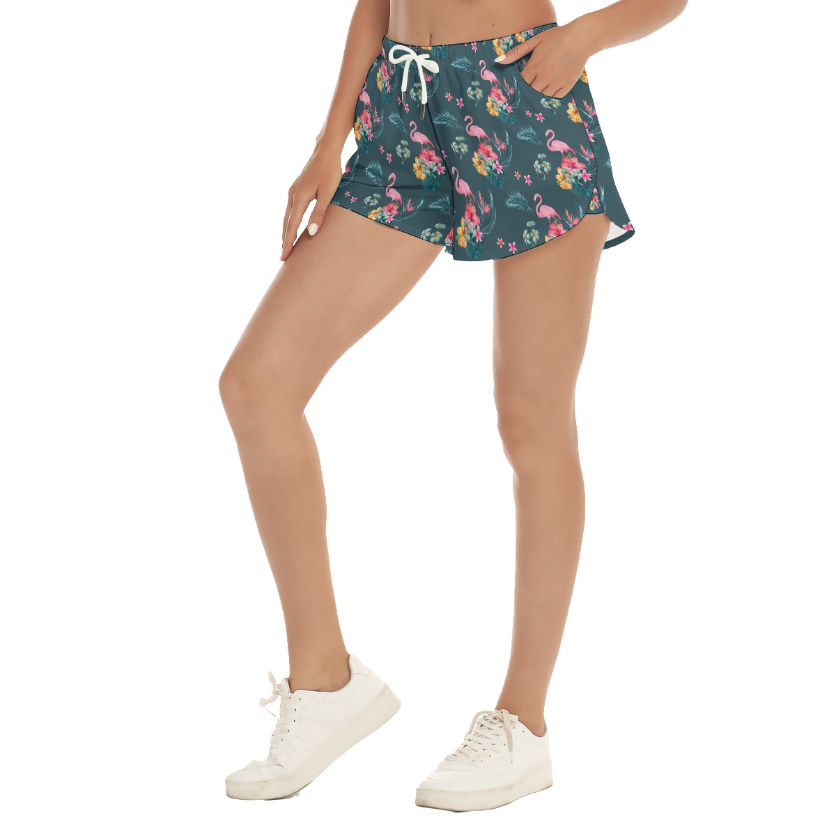 Floral Flamingo Blue Beach Shorts For Women