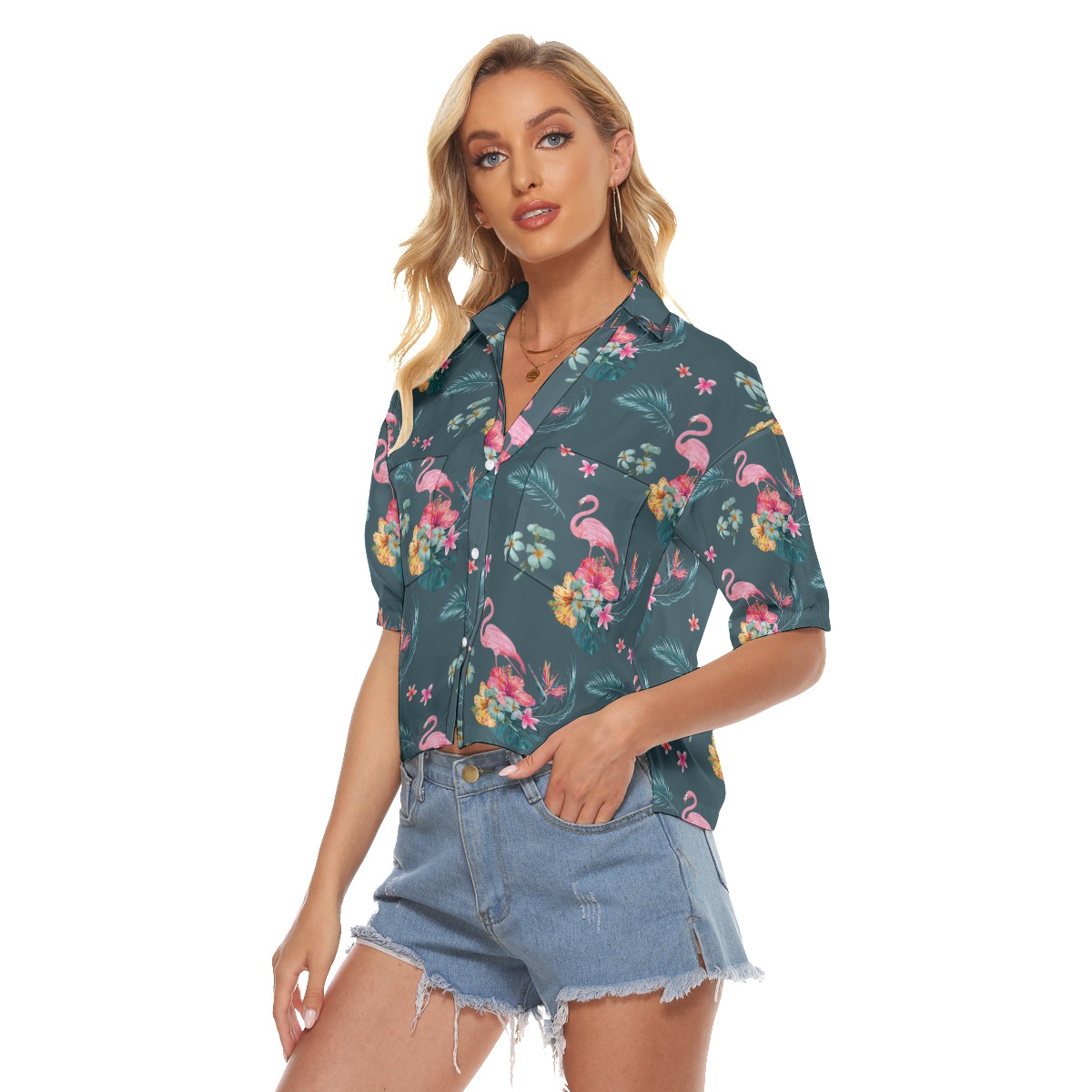 Flamingo Floral Hawaiian Crop Top Shirt For Women