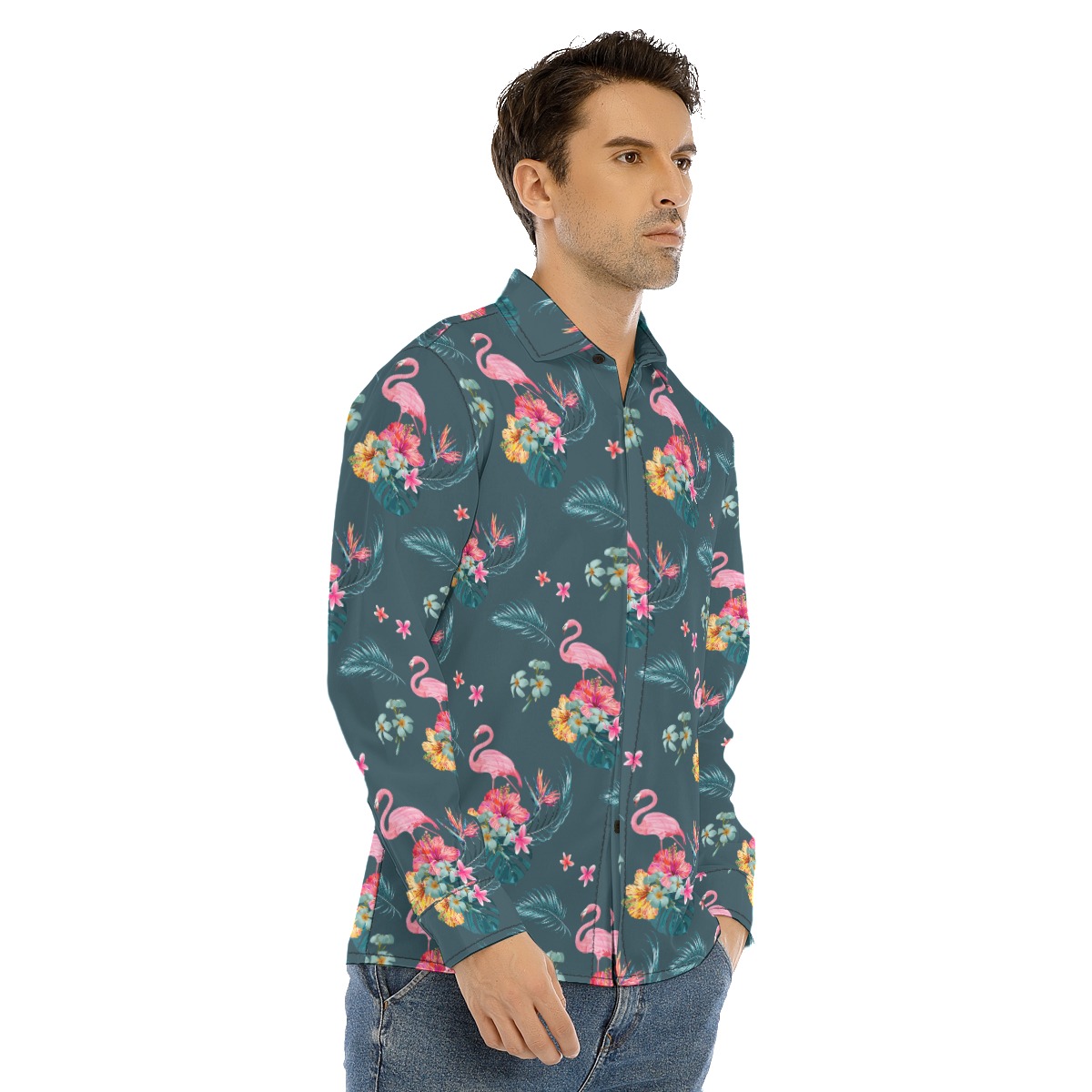 Flamingo Floral Long Sleeve Hawaiian Shirt For Men