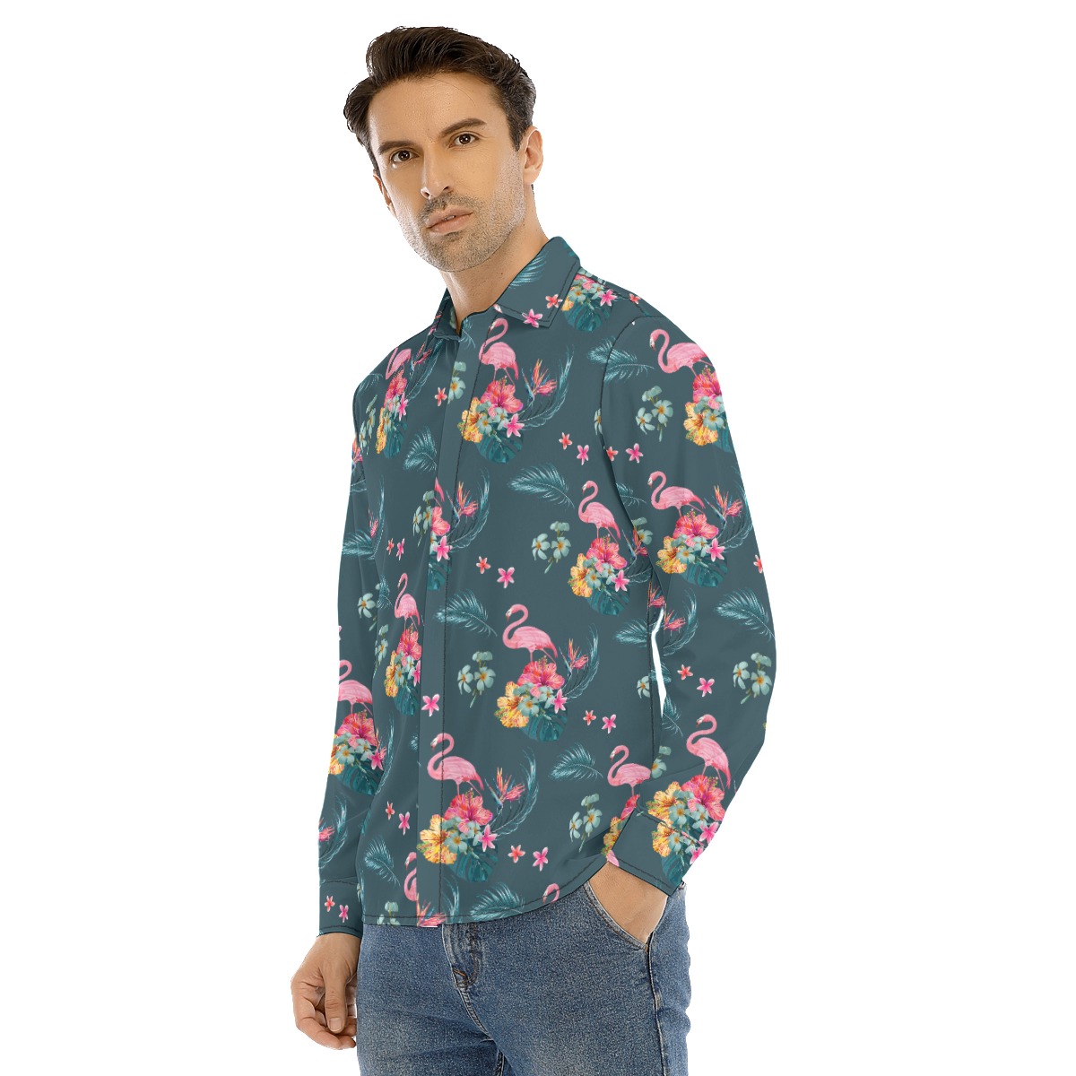 Flamingo Floral Long Sleeve Hawaiian Shirt For Men