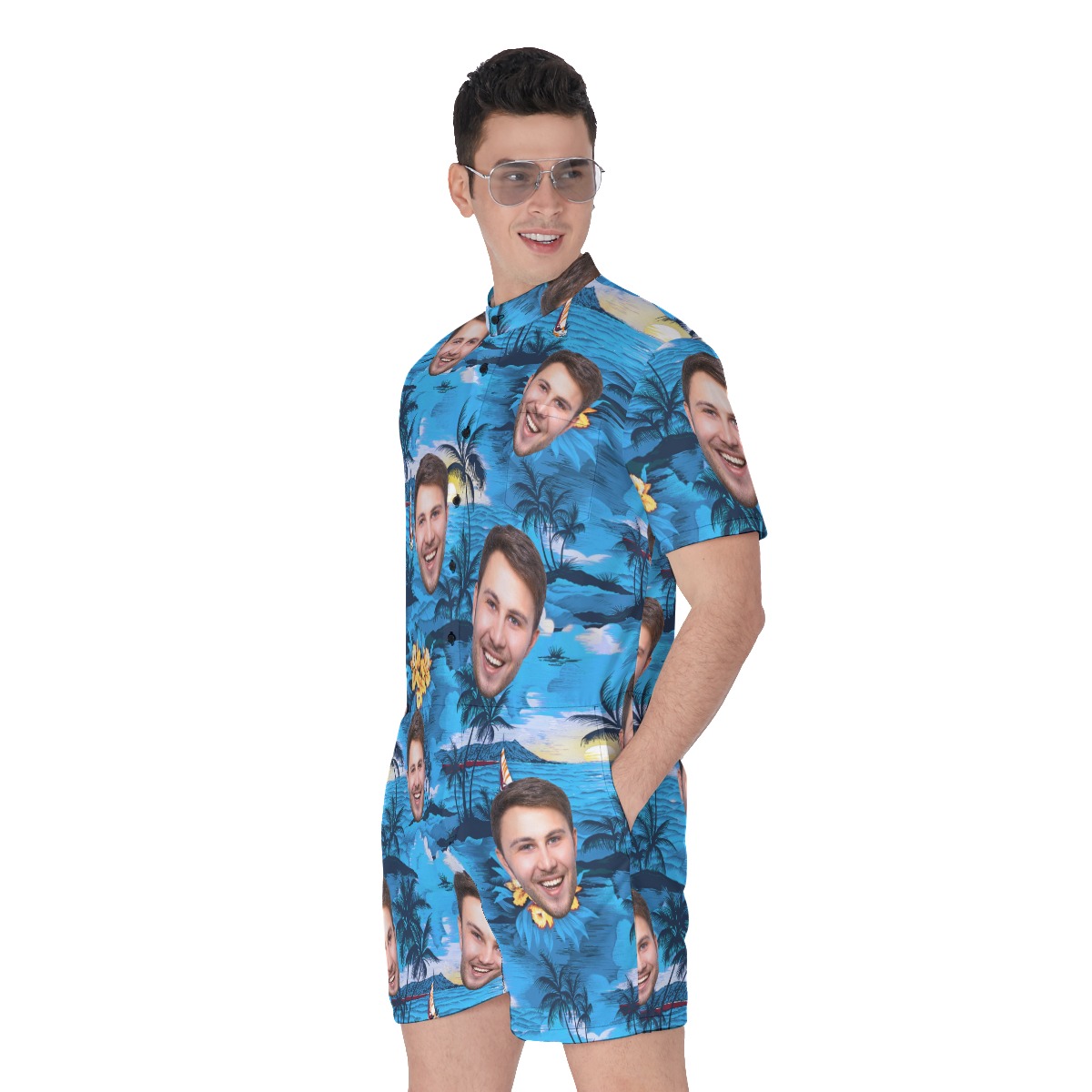 Cool Beach Themed Men's Romper With Multi Face