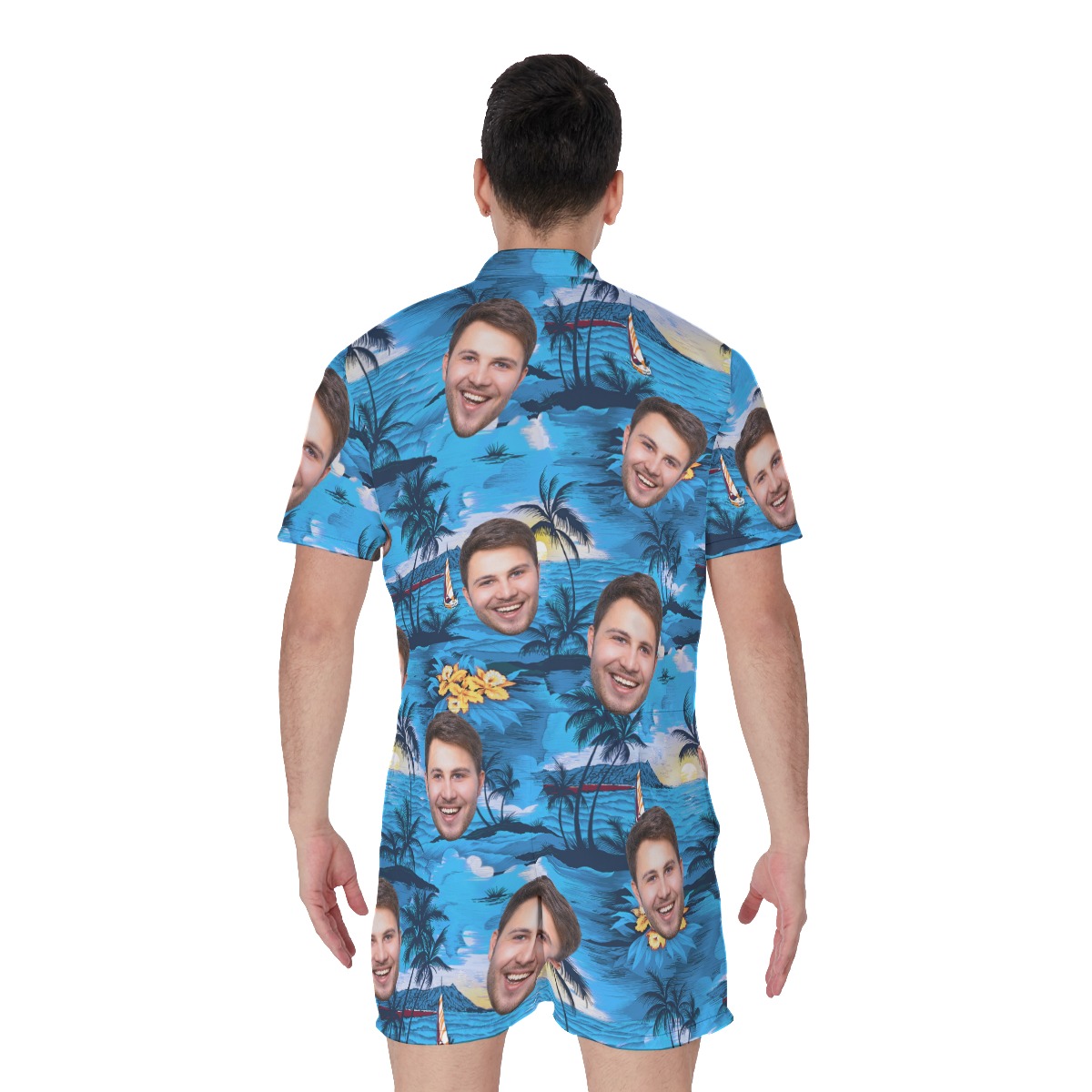 Cool Beach Themed Men's Romper With Multi Face