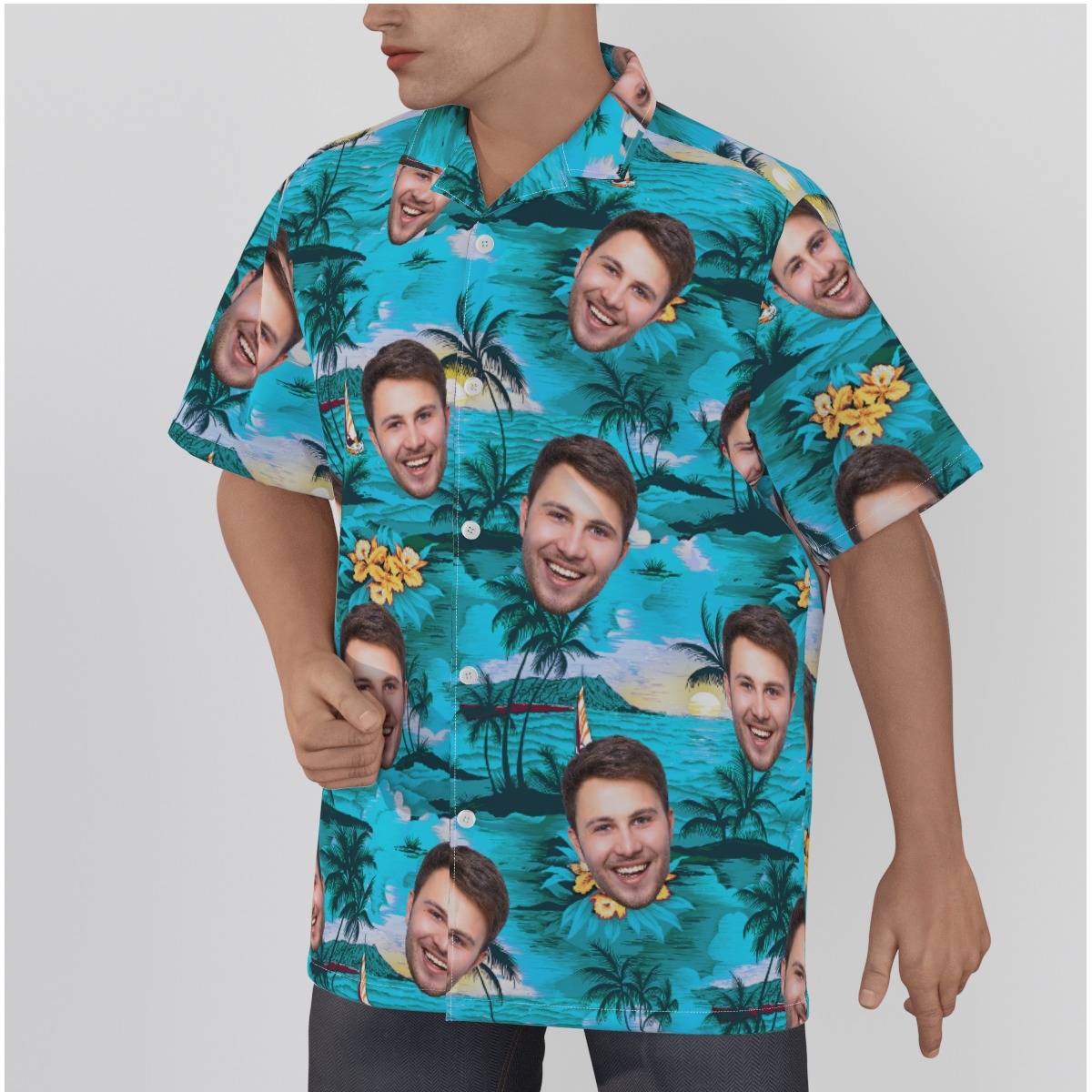 Palm Tree Beach Themed Hawaiian Shirt With Multi Face