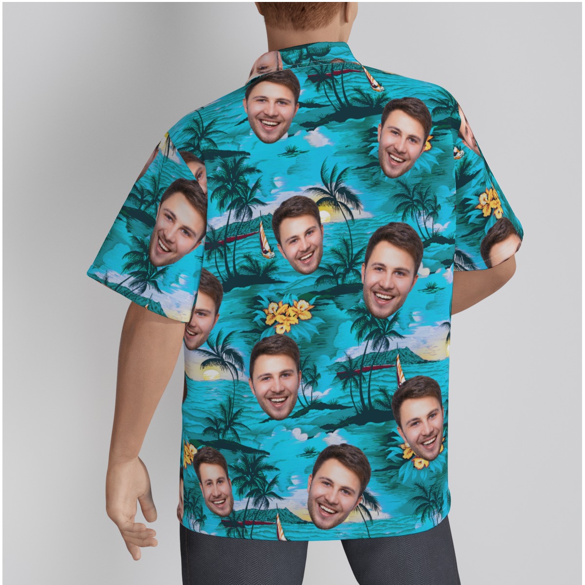 Palm Tree Beach Themed Hawaiian Shirt With Multi Face