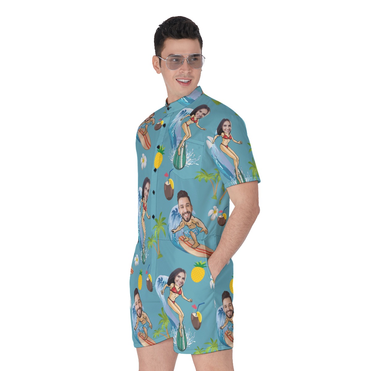 Funny Custom Face Couple Surfing Hawaiiam Romper