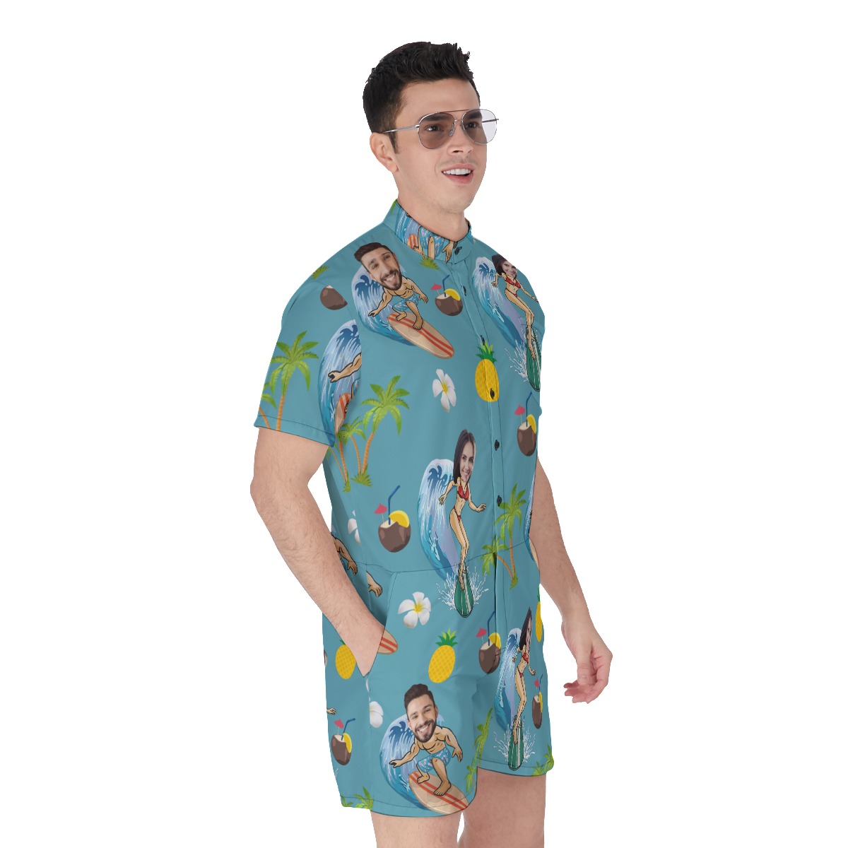 Funny Custom Face Couple Surfing Hawaiiam Romper