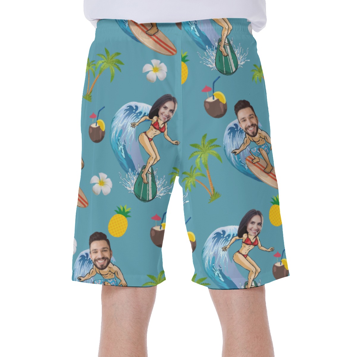Funny Custom Face Couple Surfing Hawaiian Swim Trunks