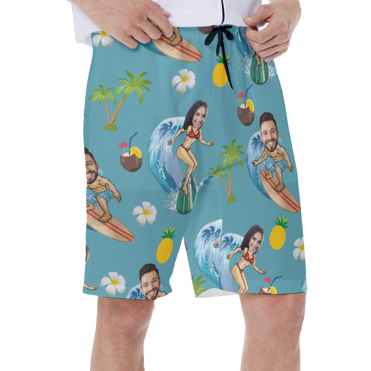 Funny Custom Face Couple Surfing Hawaiian Swim Trunks