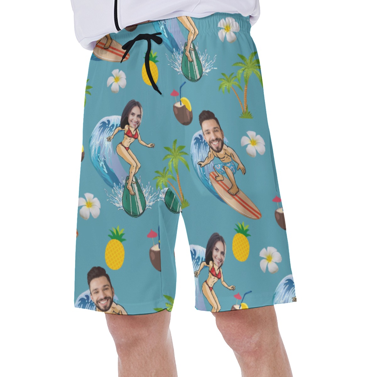 Funny Custom Face Couple Surfing Hawaiian Swim Trunks