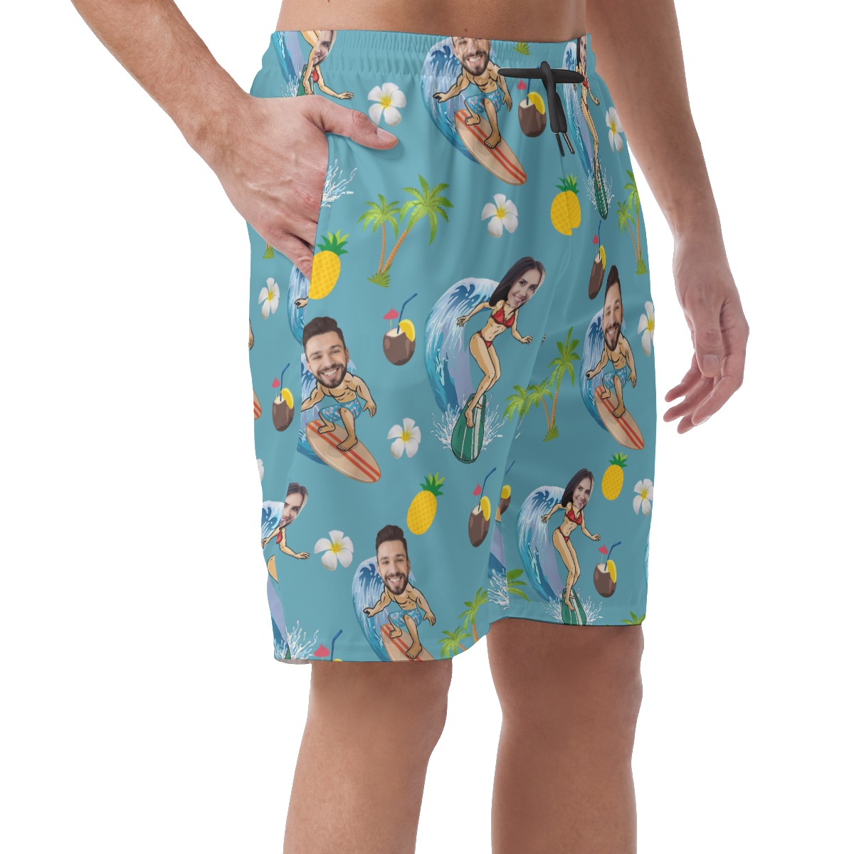 Funny Couple Surfing Custom Face Hawaiian Beach Shorts For Men