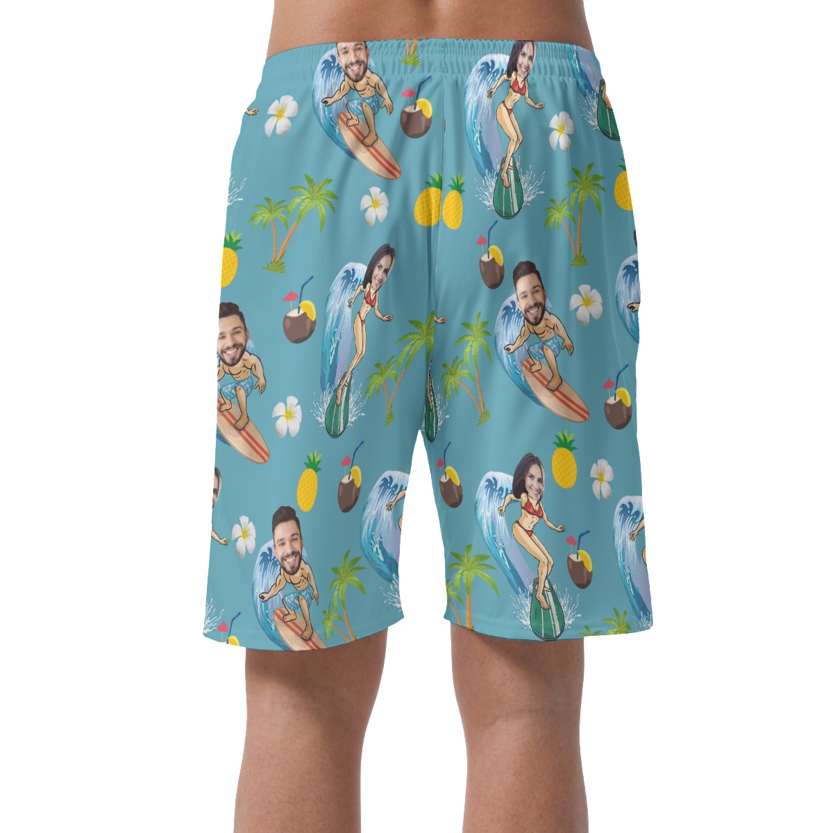Funny Couple Surfing Custom Face Hawaiian Beach Shorts For Men