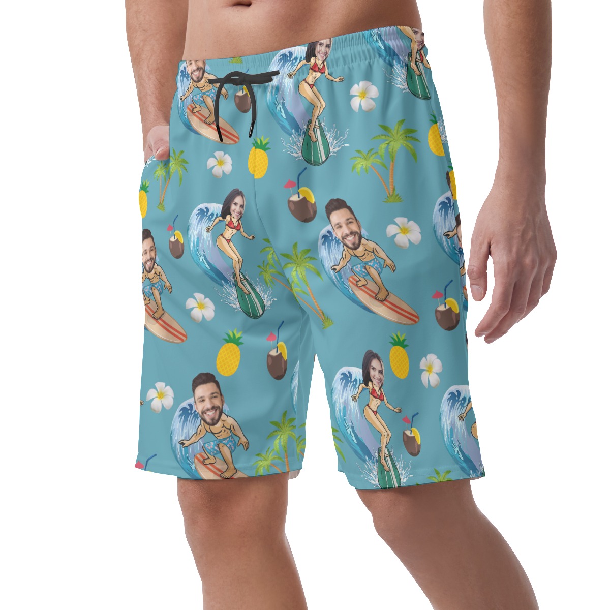 Funny Couple Surfing Custom Face Hawaiian Beach Shorts For Men